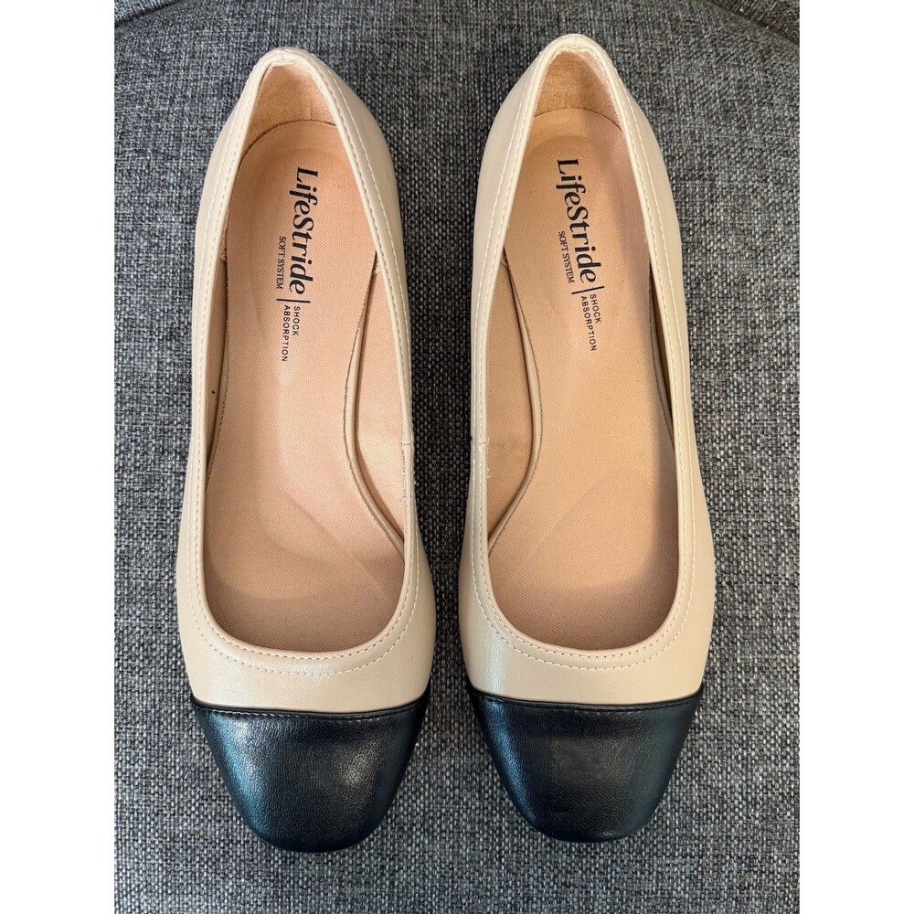 LifeStride Cameo Cap Toe Flats Women's 8W Wide Beige Black Comfort Shoes NWOB